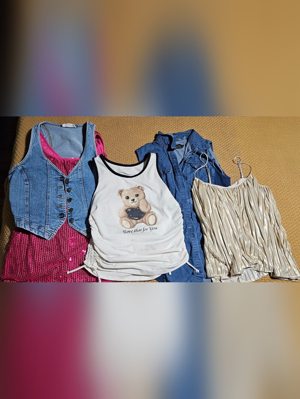 Old Navy White Girls' Teddy Bear Graphic Tank Top, Pink Sparkel Top, Denim Vest